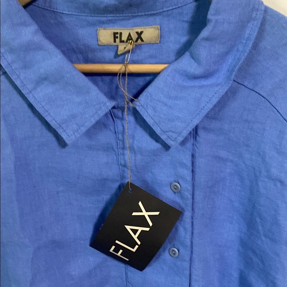 Flax Linen Cornflower Blue Popover Relaxed Polo Collar NWT Size L 14-16 Timeless - Picture 8 of 13